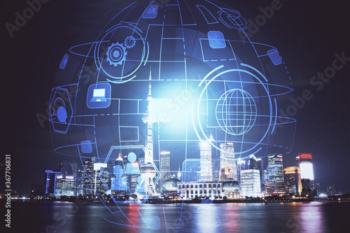 Photography Multi exposure of social network theme drawing and cityscape background