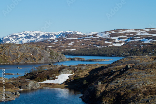 Mountain lake with snow on mountains with blue sky