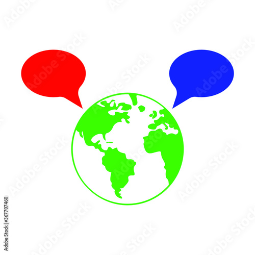 Globe and two conversational bubbles on a white background, vector illustration