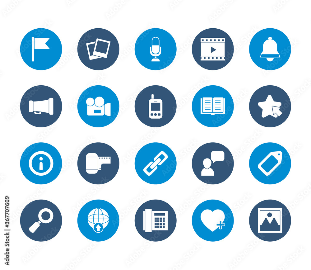 icon set of bell and social media concept, block style icon set of bell and social media concept, block style