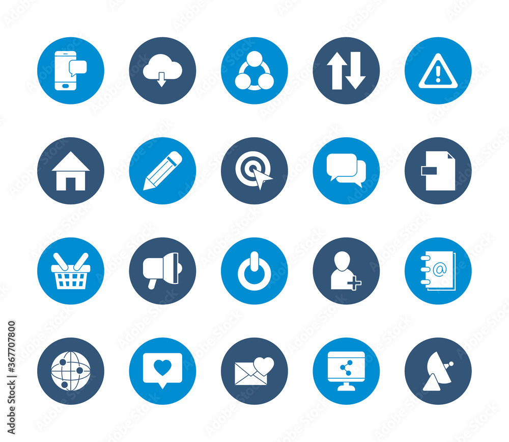 smartphone and social media icon set, block style smartphone and social media icon set, block style
