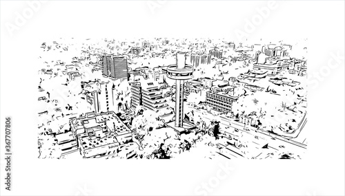 Building view with landmark of Ahmedabad, in western India, is the largest city in the state of Gujarat. Hand drawn sketch illustration in vector.