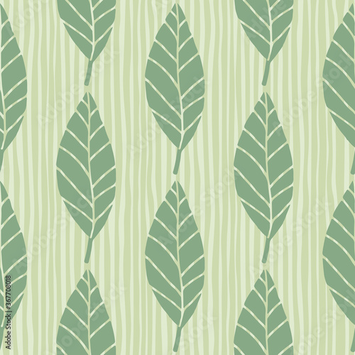 Seamless botanic pattern with leaves in pastel green colors. White background with strips. Floral backdrop.