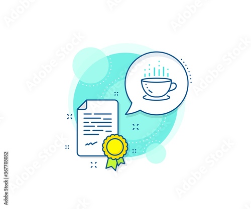 Hot tea drink sign. Certification complex icon. Coffee cup line icon. Hotel service symbol. Certificate or diploma document. Coffee cup sign. Vector