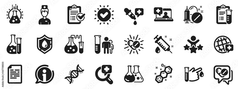 Drug testing, scientific discovery and disease prevention signs. Medical healthcare, doctor icons. Chemical formula, medical doctor research, chemistry testing lab icons. Vector Drug testing, scientific discovery and disease prevention signs. Medical healthcare, doctor icons. Chemical formula, medical doctor research, chemistry testing lab icons. Vector
