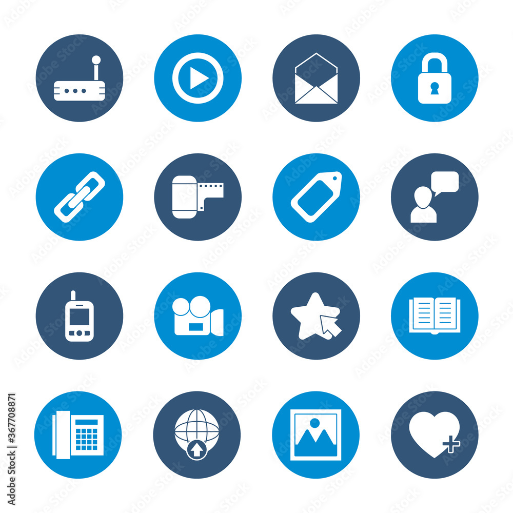 icon set of envelope and social media concept, block style icon set of envelope and social media concept, block style