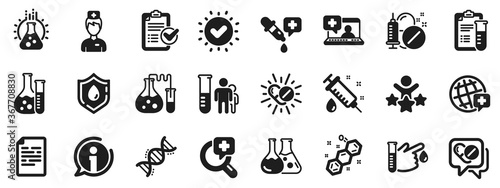 Drug testing, scientific discovery and disease prevention signs. Medical healthcare, doctor icons. Chemical formula, medical doctor research, chemistry testing lab icons. Vector photo