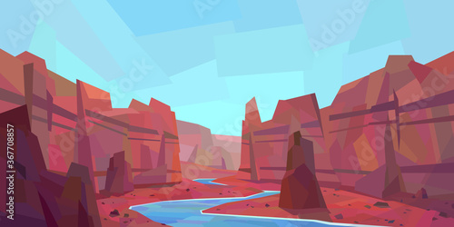 Low poly desert landscape. Mountains, canyon, rocks, river. Vector illustration
