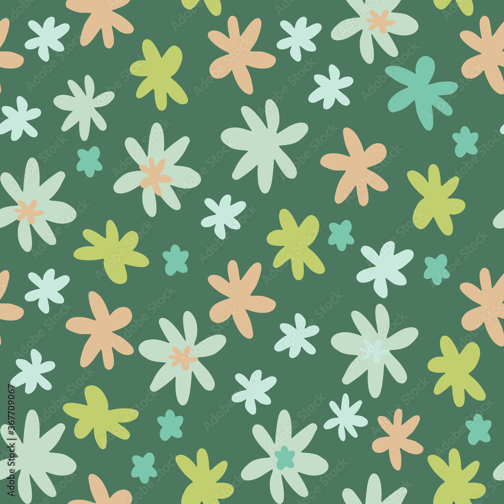 Obraz premium Seamless botanic pattern with daisy flowers in pink,blue and yellow colors. Dark pastel green background.