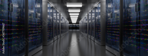 Servers. Server data center. Backup, hosting, mainframe, farm and computer rack with storage information. 3d render