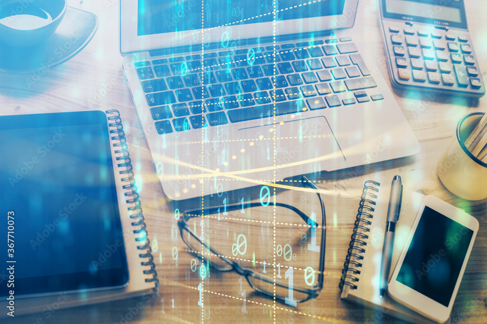 Double exposure of table with computer on background and data theme drawing. Concept of innovation. Double exposure of table with computer on background and data theme drawing. Concept of innovation.
