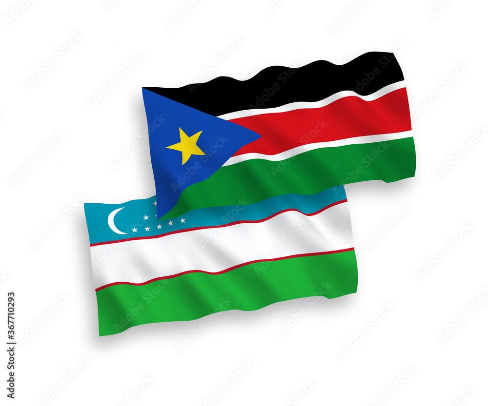 Flags of Republic of South Sudan and Uzbekistan on a white background Flags of Republic of South Sudan and Uzbekistan on a white background