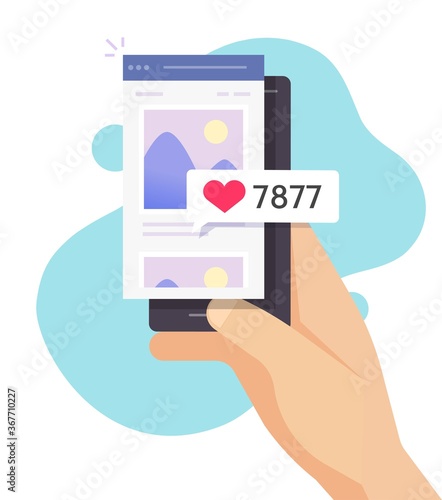 Photo images picture sharing online with likes comments listing mobile phone app, social network followers blog or post article activit, smartphone application on person hand vector flat