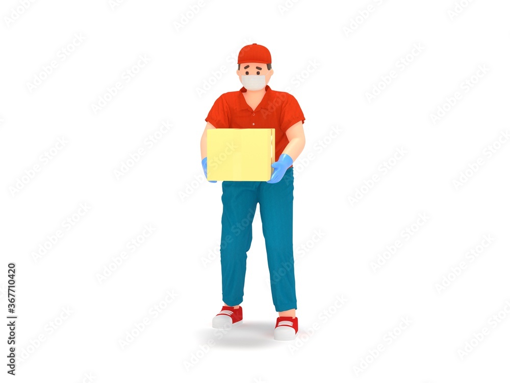 Cartoon 3d delivery man in protection mask, gloves Cartoon 3d delivery man in protection mask, gloves