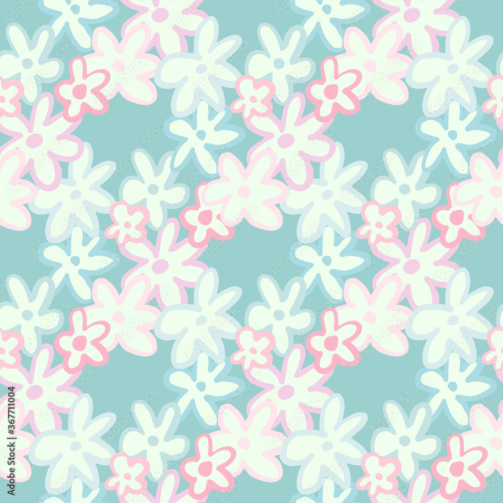 Floral seamless pattern with outline daisy silhouettes. Soft blue background with white flowers. Spring backdrop.