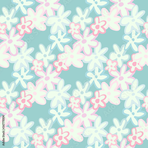 Floral seamless pattern with outline daisy silhouettes. Soft blue background with white flowers. Spring backdrop.