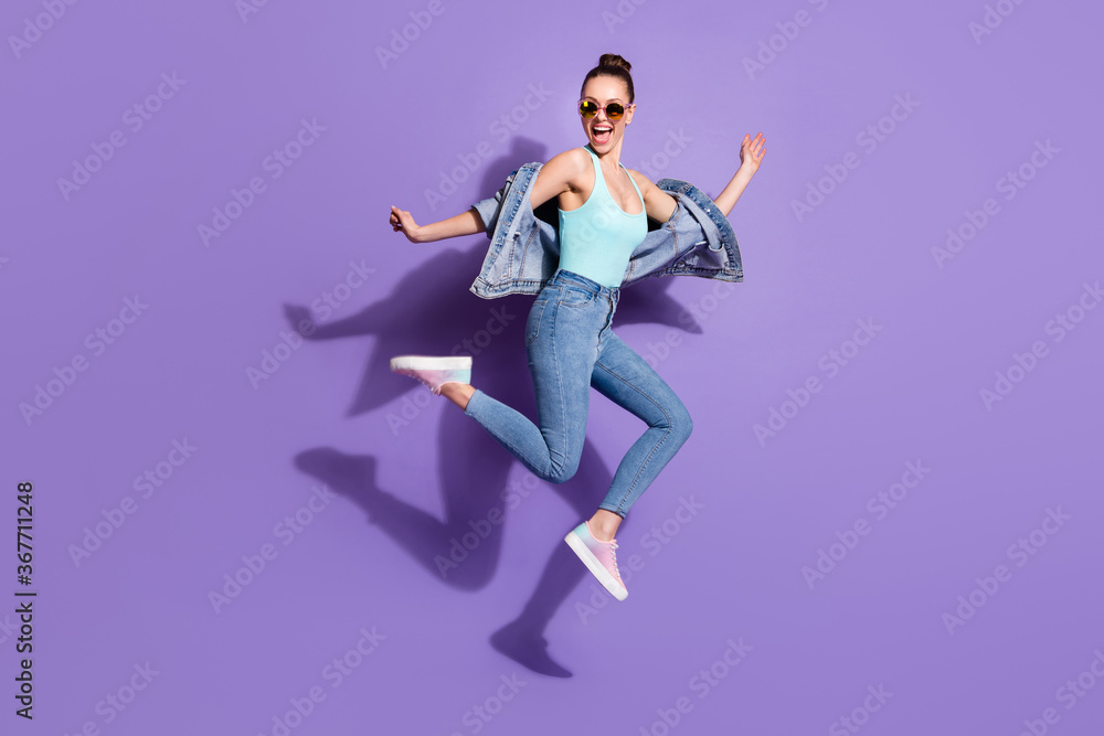 Full length body size view of nice attractive lovely slim fit thin funny girlish cheerful girl jumping having fun enjoying isolated on bright vivid shine vibrant lilac purple violet color background