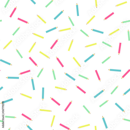 Back to school. Colorful pencil, stationery supplies seamless pattern. flat on white