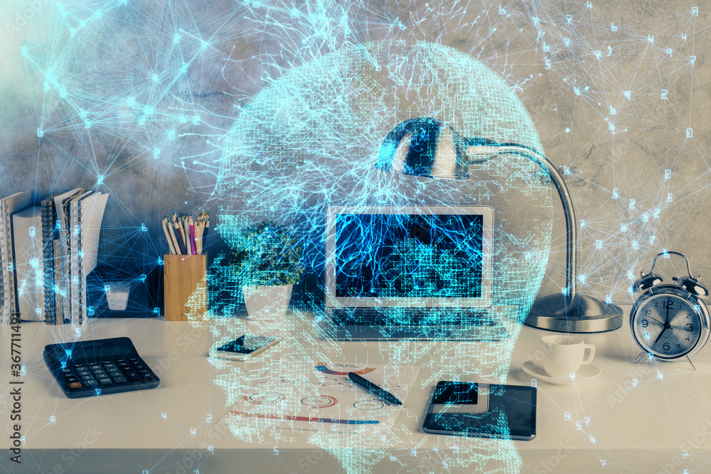 Double exposure of desktop with computer and brain drawing hologram. Artificial intelligence concept. Double exposure of desktop with computer and brain drawing hologram. Artificial intelligence concept.