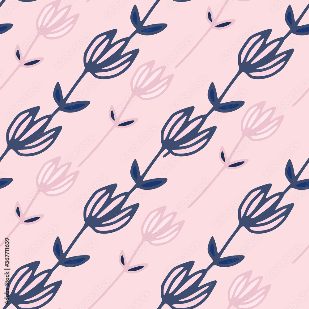 Botanic seamless pattern with tulip flower silhouettes on light pink background. Navy blue contoured ornament.