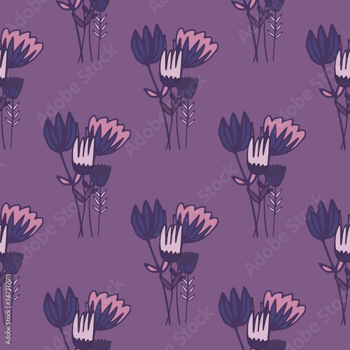 Floral bouquet silhouettes seamless pattern. Purple background with pink and navy blue flowers silhouettes. © smth.design