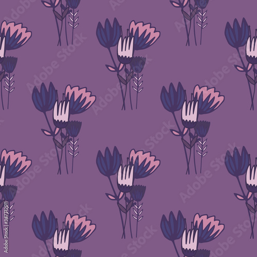 Floral bouquet silhouettes seamless pattern. Purple background with pink and navy blue flowers silhouettes.