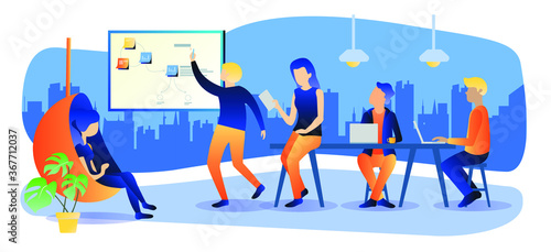Coworking space with creative people sitting at the table, writing and using laptops. Office team thinking idea, startup, time management, planning and strategy. Flat design style vector illustration 