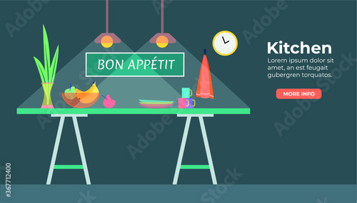 Kitchen in flat design with fruits, cup, clocks on th the wall, towel, vase with plant. Bon appetit on the wall. Light from the light bulb in dark. Flat design style vector illustration
