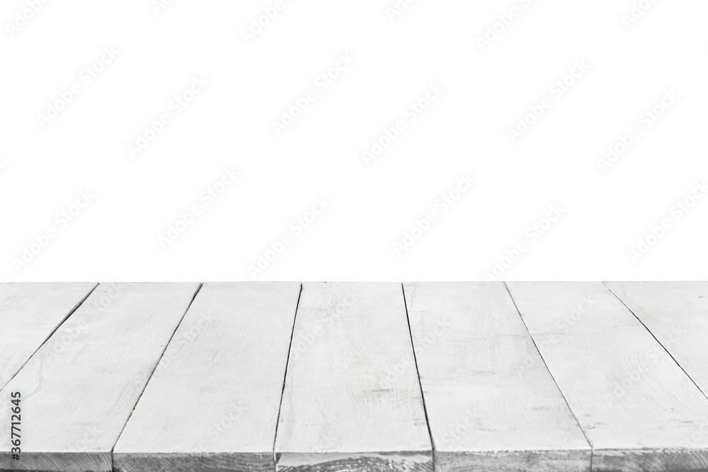 Empty wooden boards or tabletop isolated on white. Template and mockup for display or montage of your products. Close up, copy space