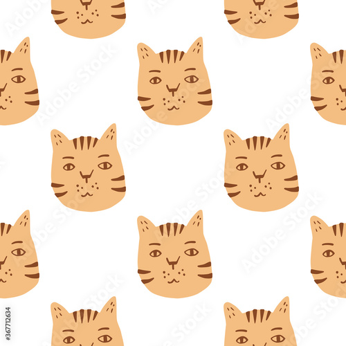 Isolated seamless cat doodle pattern. Pastel orange pets faces on white background. Simple childish backdrop.