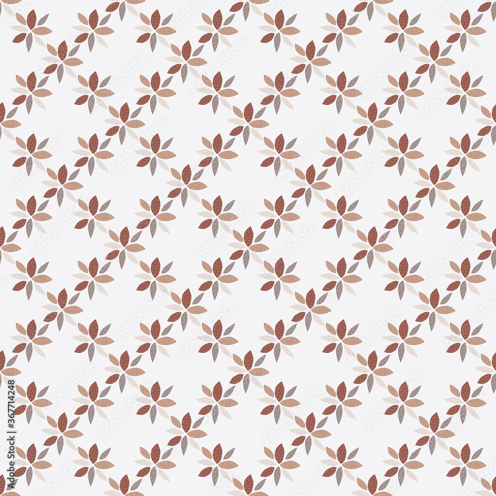 Isolated seamless patern with mini brown geometric flowers. White background. Surface design.