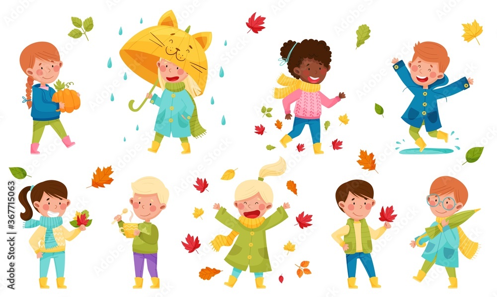 Children Characters Walking with Umbrella, Throwing Autumn Leaves and Picking Mushrooms Vector Illustration Set Children Characters Walking with Umbrella, Throwing Autumn Leaves and Picking Mushrooms Vector Illustration Set