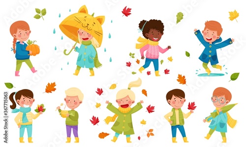 Children Characters Walking with Umbrella, Throwing Autumn Leaves and Picking Mushrooms Vector Illustration Set