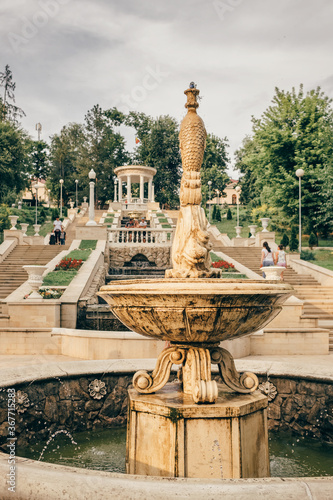 Fountains and the cascading stairs near the Valea Morilor Lake in Chisinau, Moldova.