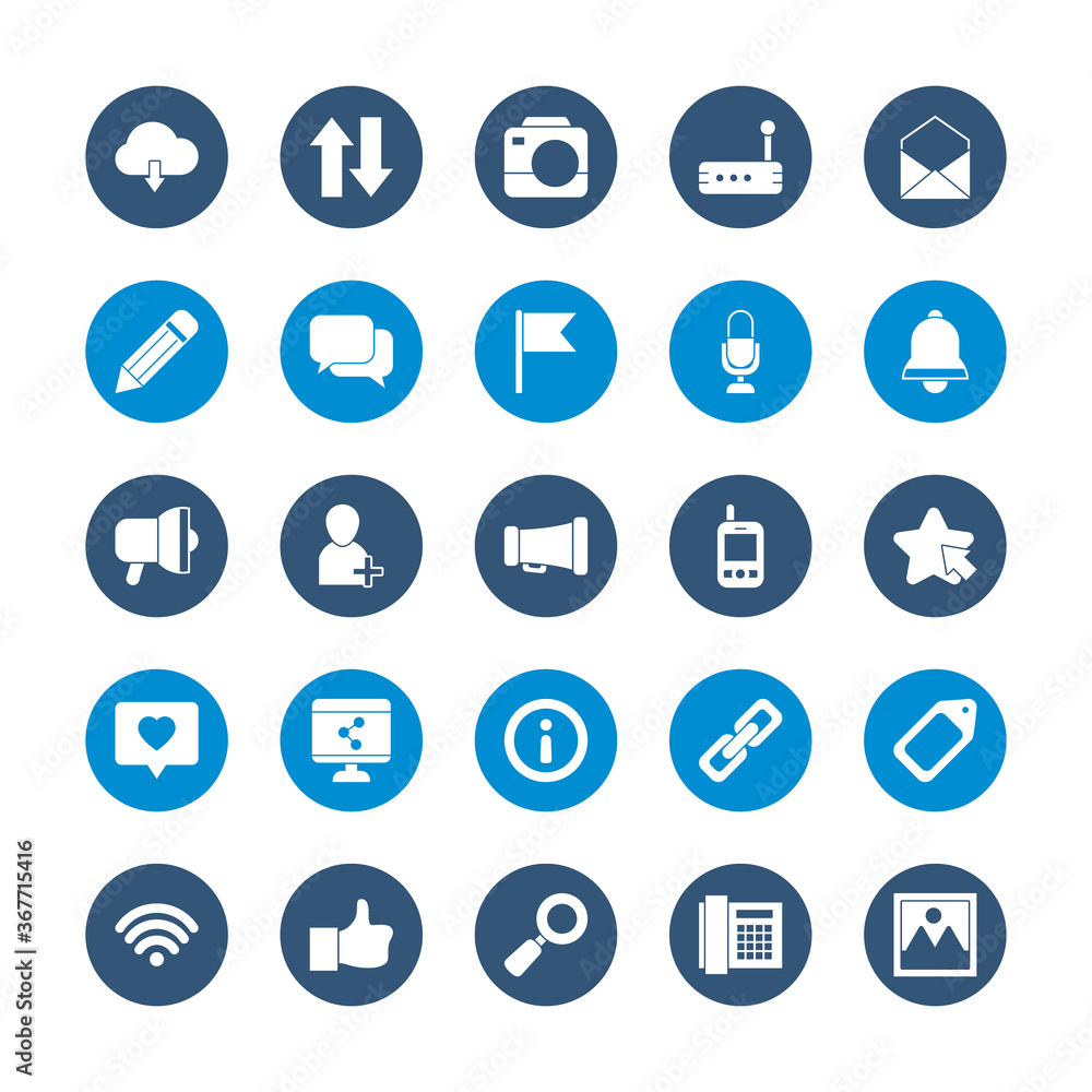 speech bubbles and social media icon set, block style speech bubbles and social media icon set, block style