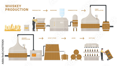 Whiskey production infographic process vector illustration. Cartoon flat info education poster of fermentation, distillation, aging and bottling alcohol whiskey drink bottle product isolated on white