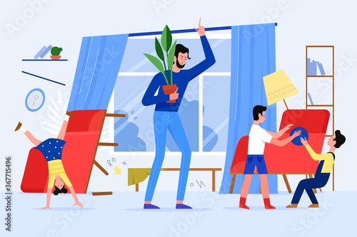 Angry father scold children vector illustration. Cartoon flat stressed dad parent character scolding naughty kids, making mess at home living room. Stress of parenthood, fatherhood problem background