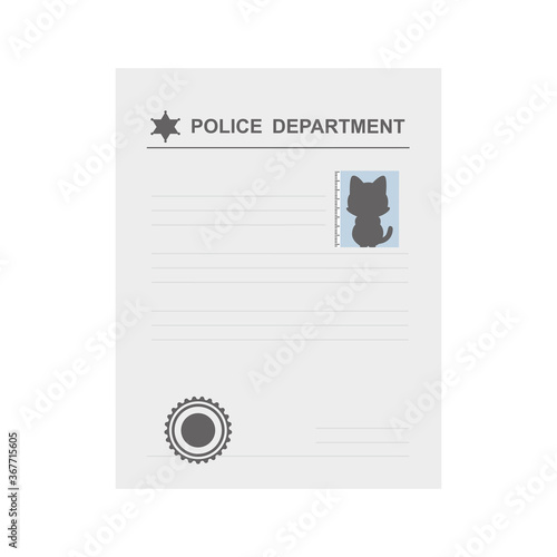 Cartoon icon of the police department case file documentation with cat suspect, vector illustration