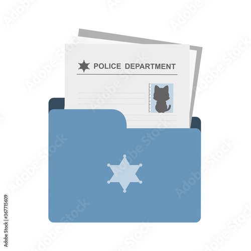 Cartoon icon of the police department case file documentation with cat suspect, vector illustration