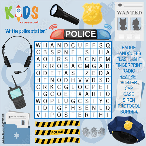 Easy word search crossword puzzle "At the police station", for children in elementary and middle school. Fun way to practice language comprehension and expand vocabulary. Includes answers.
