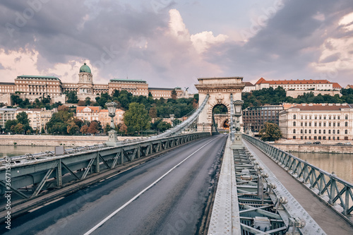 Chain bridge on Danube river at sunrise in Budapest  Hungary