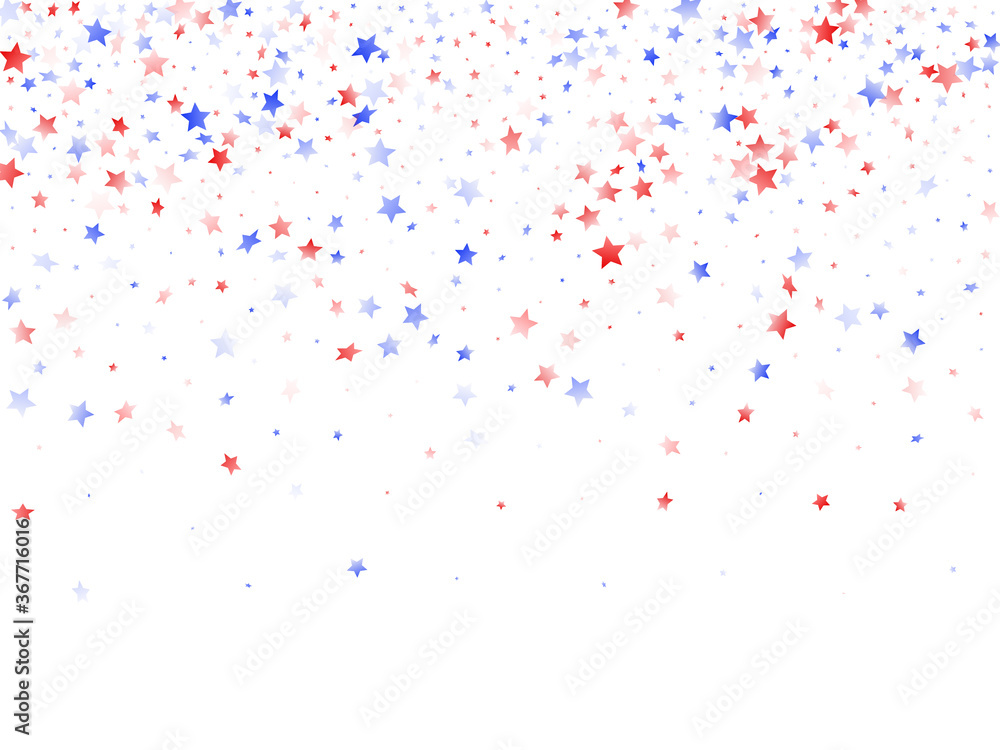 Flying red blue white star sparkles on white vector american patriotic background.