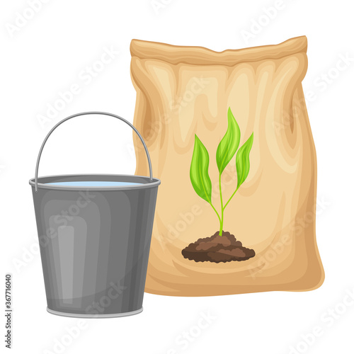 Water Bucket and Pack with Synthetic Fertilizer for Soil and Plant Growth Vector Illustration