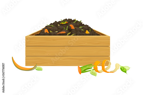 Rotten Vegetables Piled in Wooden Crate as Organic Fertilizer for Soil and Plant Growth Vector Illustration