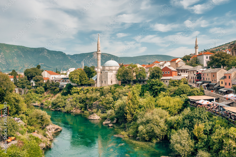 Mostar Old Town and Neretva river at sunny day, BiH