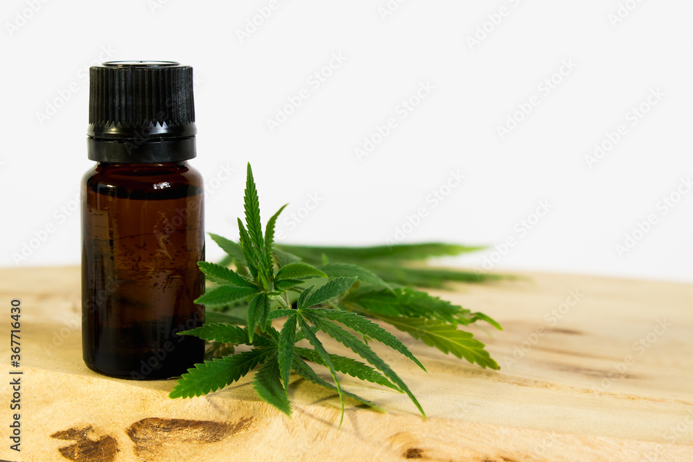 green leaf or hemp leaves and oil extract, pills on white background green leaf or hemp leaves and oil extract, pills on white background