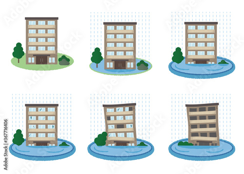 浸水の被害に遭うマンションのベクターイラストセット