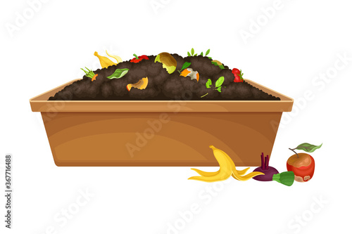 Rotten Fruit and Vegetables Piled in Wooden Crate as Organic Fertilizer for Soil and Plant Growth Vector Illustration