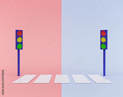 Cartoon style traffic lights on pastel colors background. minimal concept. 3d rendering