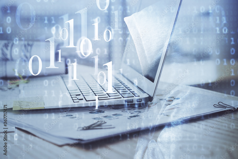 Double exposure of laptop computer and technology theme hologram. Concept of freelance work.